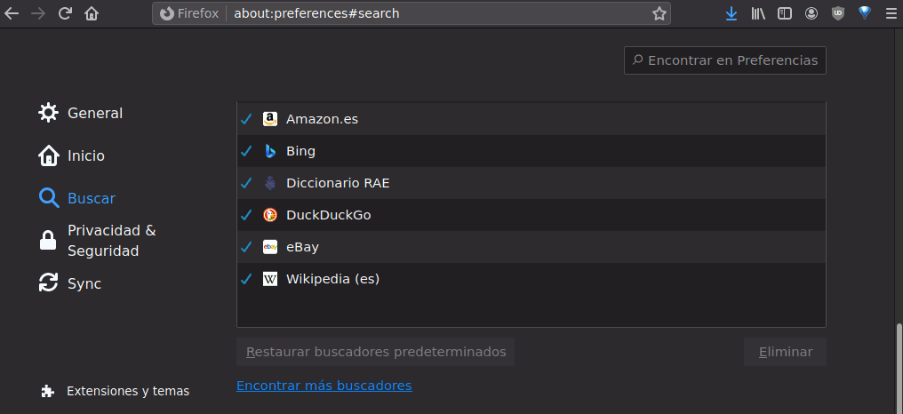 configuración de los motores de búsqueda en 'Mozilla Firefox'